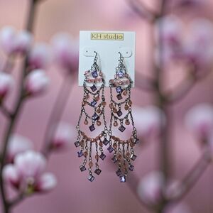 KH Studio Elegant Beaded Pink and Purple Chandelier Earrings